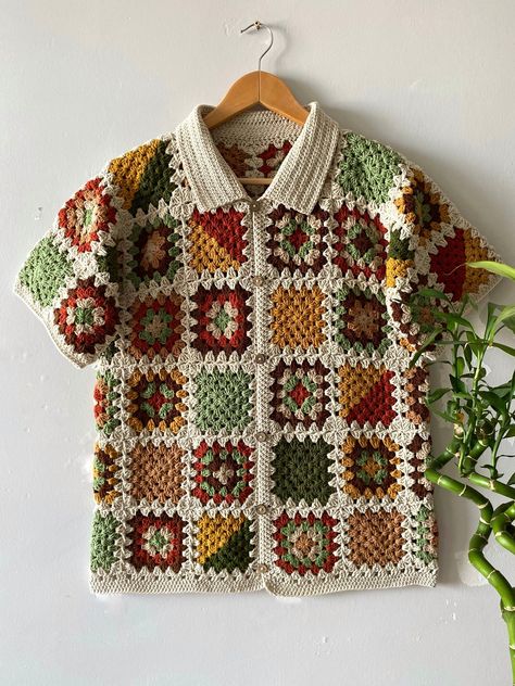 crochet patterns-Charming Crochet Granny Square Patterns to Try Granny Square Mens Shirt, Crochet Items For Men, Crochet Men, Crochet T Shirts, Beige Shirt, Shirt Oversize, Handmade Shirts, Oversize Shirt, Crochet Buttons