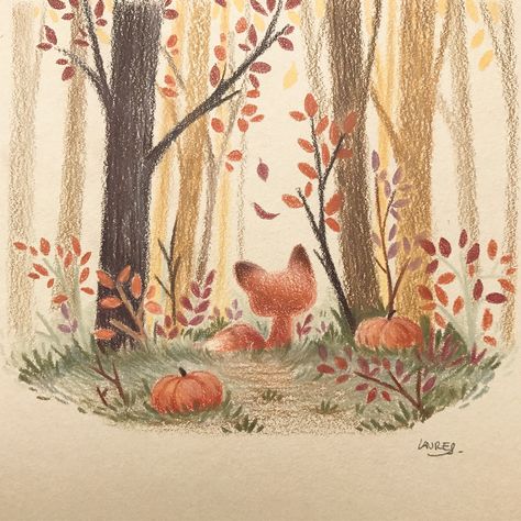 Autumn Cute Drawing, Fall Illustration Art, Autumn Drawings, Fall Drawings, 동화 삽화, Autumn Illustration, Fox Illustration, Fox Art, Color Pencil Art