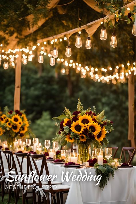 Outdoor Wedding Ideas Country, Winter Wedding Sunflowers, Backyard Sunflower Wedding, Fall Wedding Ideas Sunflowers, Rustic Theme Wedding Ideas, Sunflower Backyard Wedding, Wedding Themes With Sunflowers, Sunflower And Rose Wedding Theme Rustic, Rustic Wedding Decor Sunflowers