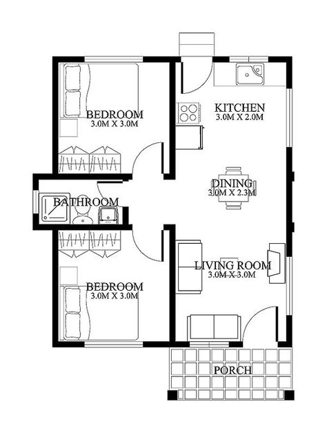 Single Story Small House Plan Floor Area 90 Square Meters Below Pelan Rumah, Two Bedroom Apartment, Small Floor Plans, Two Bedroom House, 2 Bedroom House Plans, A Small House, Small House Floor Plans, 4 Bedroom House Plans, Simple House Design