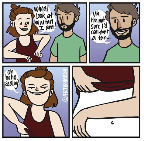 This is me literally the other day I was like 'look I have a tan line! See, it's white here, and slightly darker white here!' Pale People, 4 Panel Life, People Problems, Cute Comics, I Can Relate, Relatable Post, Funny Comics, Funny Posts, Funny Cute