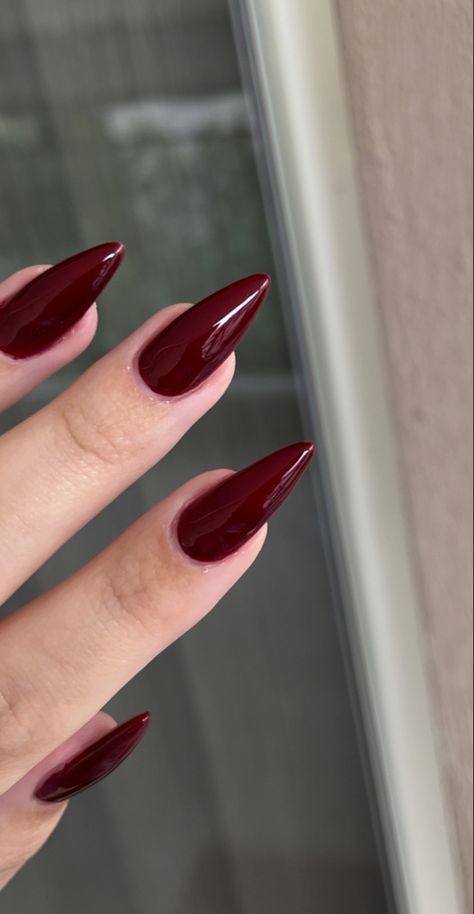 Dark Cherry Red Nails Stiletto, Dark Cherry Almond Nails, Burgundy Pointy Nails, Dark Red Long Almond Nails, Maroon Colored Nails, Darker Red Nails, Almond Nails Cherry Red, Red Sharp Almond Nails, Cherry Red Nails Aesthetic