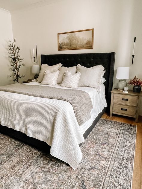 Black And Wooden Bedroom Ideas, Black Headboard Beige Bedding, Black Bed Frame With Wood Nightstand, Black Headboard Master Bedrooms Decor, Styling Dark Bedroom Furniture, Master Bedrooms Decor Black Bed Frame, Bedroom Inspirations Dark Headboard, Black Farmhouse Bedroom Ideas, Black Wood Bed Frame Bedroom