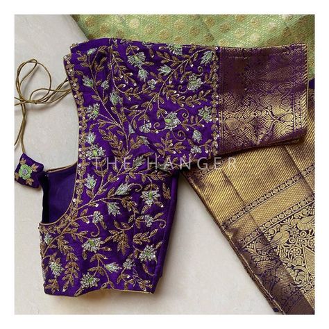 Maggam Work For Bride Blouse, All Over Blouse Work Designs, Violet Colour Maggam Work Blouses, All Over Work Blouse Design, Magam Work Designs For Bride, Blue Colour Blouse Designs, Engagement Blouse Designs, Purple Blouse Designs, Blouse Designs Work