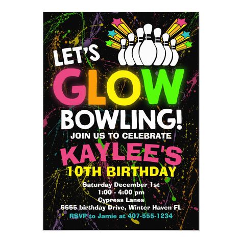 Amigurumi Patterns, Glow Bowling Party Ideas, Neon Birthday Invitations, Birthday Bowling, Bowling Birthday Party Invitations, Glow Bowling, Glow Stick Wedding, Bowling Invitations, Bowling Party Invitations