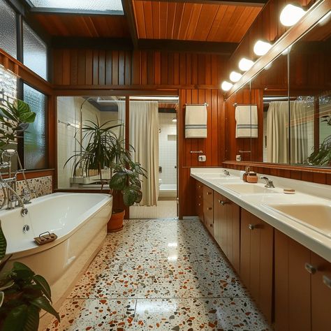 41 Eclectic 70s Bathroom Design Inspirations To Recreate The Look 70s House Bathroom, Bathroom Inspiration Vintage, 80s Aesthetic Bathroom, Retro 70s Bathroom, 60s Style Bathroom, Californian Bathroom, Mcm Small Bathroom, 70s Style Bathroom, Mcm Bathroom Ideas