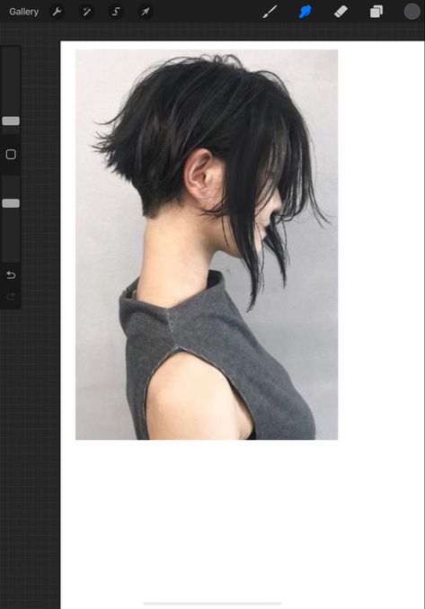 Tomboy Pigtails Haircut, Hairstyles For Short Hair Reference, Haircut Short Back Long Front Women, Tomboy Bangs Haircut, Short Hair With 2 Long Strands, Bob Haircut Drawing Reference, Short In The Back Tomboy Sidetails, Short Hair Long Sides, Hairstyle Inspo Short