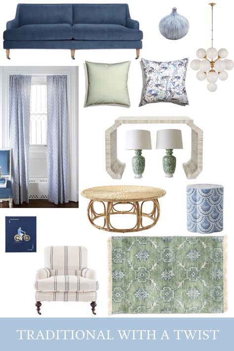 Spent this summer day dreaming up four spaces styled around our current color-combo crush—blue and green! Which room is for you?! Link to products used in the blog! |pepper-home.com| green and blue decor, green and blue interiors, mood boards, interior style guide, interior design mood boards, design your room, beach bungalow, traditional twist, eclectic prep, southern charm #justaddpepper #pepperhome #peptalk Grey Green And Blue Living Room, Green And Blue Dining Room Decor, Gray Blue And Green Living Room, Navy And Green Living Room Ideas, Green And Blue Lounge, Blue Green Decorating Ideas, Blue And Green Living Room Ideas, Grey Green Blue Living Room, Blue Green Lounge