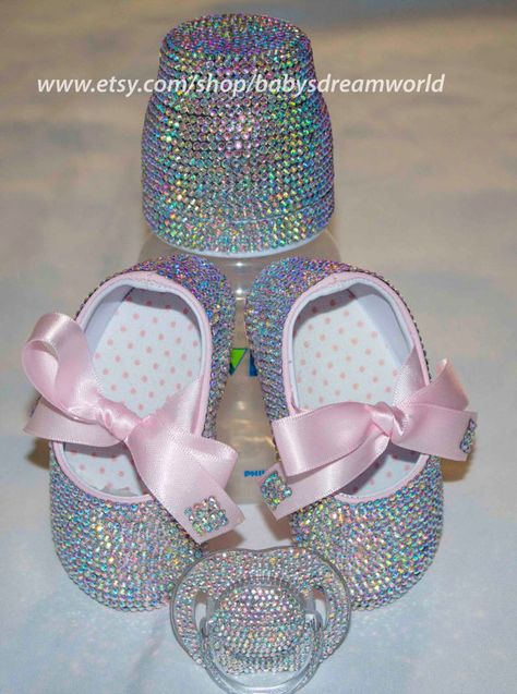 Swarovski Crystal Baby Christening Gift Set Bedazzled Bottle, Baby Bling, Bling Shoes, Baby Christening, Everything Baby, Baby Bottles, Future Baby