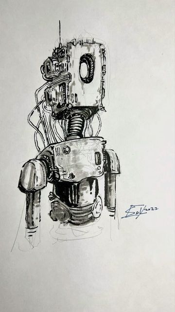 Warpsol on Instagram: "Here’s a 20 min bot. Uwu - #robot #brushpen #art #artistsoninstagram #sketching #practice #paperplanes #drawing" Robot Art Drawing Sketch, Paperplanes Drawing, Steampunk Art Drawing Sketches, Robot Reference Drawings, Robot Drawing Reference, Simple Robot Design, Robot Drawing Sketches, Art Sketches Pen, Robot Drawing Ideas