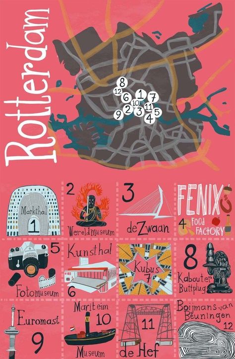 Fun things to do in Rotterdam illustrated map - shoshannah hausmann Rotterdam Map, Rotterdam Netherlands, Map Artwork, Netherlands Travel, Amsterdam Travel, Amsterdam City, Illustrated Map, City Trip, City Maps