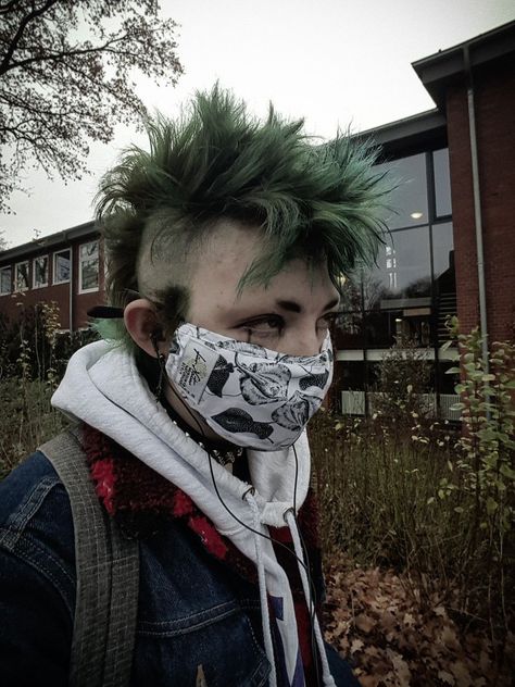 green mohawk mullet thing woop gothic goth alternative gothgirl punk fashion outfit shopping Alternative Men’s Haircut, Punk Hair Reference, Mohawk Unstyled, Deathhawk Men, Fluffy Mohawk Punk, Short Deathhawk Mullet, Grown Out Mohawk, Mohawk Down, Punk Hair Male