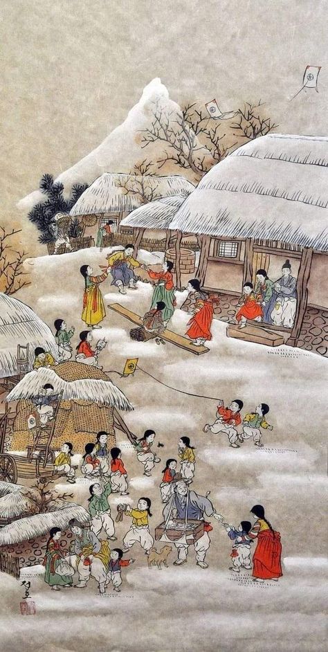 Korean Traditional Art, Ancient Korean Art, Traditional Korean Art, Vintage Asian Art, Korean Illustration, Painting Traditional, Chinese Folk Art, Korean Winter, Korean Painting