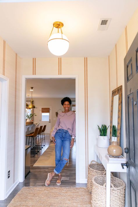 Striped Entryway Wall, Striped Dining Room Walls, Striped Wall Bathroom, Kerri Rosenthal Wallpaper, Entryway Ideas With Wallpaper, Patterned Grasscloth Wallpaper, Wallpaper In Mudroom, Laundry Room Mural, Diy Wallpaper Paint