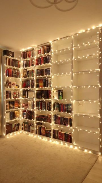 Elizabeth Sagan on Instagram: "How many pictures do you think it took to create this bookish stop motion? 📚 #behindthescenes #photoshoot #photographylovers #photographyart #magical #creativephotography #bookstagram #creative #bookreel #bookshelf #librarygoals #library #bookshelf" Book Shelf Lights, Bookshelves With Lights, Bookshelf Lights, Magical Bookshelf, Bookshelf Decorating Ideas, Bookshelf Inspo, Bookshelf Aesthetic, Bookshelf Lighting, Library Bookshelf