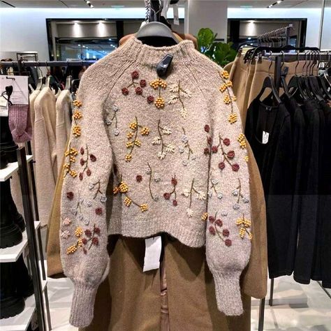 Winter Women Sweater Vintage Long Sleeve Pullover Chic Flowers Beaded Harajuku Knitted Sweateres Jumpers Top Femme Knitted Sweater Women, Embroidery Knit Sweater, Sweater Embroidery Ideas, Sweater Decorations, Winter Sweaters For Women, Winter Tops For Women, Floral Clothing, Flower Sweater, Winter Decoration