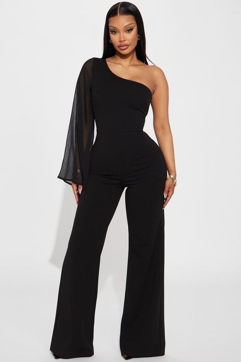 Available In Fuchsia And Black. Jumpsuit One Shoulder Long Sleeve Chiffon Trim Hidden Side Zipper Wide Leg Stretch Inseam= 34" Self: 95% Polyester 5% Spandex Contrast: 100% Polyester Lining: 100% Polyester Imported | Stassi One Shoulder Jumpsuit in Black size XS by Fashion Nova Black Jumpsuit For Women, Pantsuits For Women Graduation, Graduation Party Outfit Black Women, Formal Work Outfits Women Office Wear, Black Jumpsuit Styling, Black Women Pantsuit, Jumpsuit For Graduation, All Black Formal Outfit, Black Prom Jumpsuit
