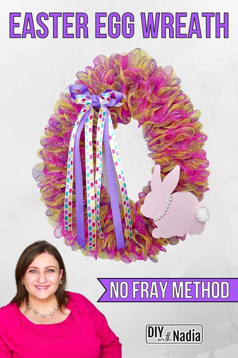 Diy Egg Wreath, Nadia Method Wreath, Wire Bunny Wreath Form Ideas, Deco Mesh Easter Wreath Diy, Wire Egg Wreath, Dollar Tree Egg Wreath Form Diy, Easter Egg Wire Wreath Diy, Diy Easter Wreaths For Front Door, Spring Wreath Ideas Diy Deco Mesh