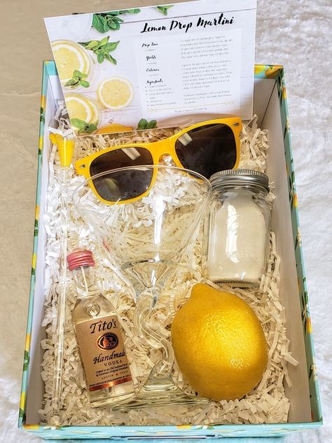 lemon drop martini kit, DIY cocktail kit, lemon drop martini, lemon theme, yellow wedding, bridesmaid proposal boxes, DIY gift, DIY gift boxes, summer cocktails, Tito's vodka Limoncello Basket, Cocktail In A Box Gift, Titos Vodka Gift Basket Ideas, Lemon Drop Gift Basket, Alcohol Gift Box Ideas, Titos Gift Baskets, Margarita Kit Gift, Cocktail To Go Kit, Summer Gift Box Ideas