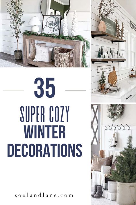 Infuse warmth and charm into your home with these cozy chic winter decorations. From fireplace mantels to tabletop displays, these ideas will create a welcoming retreat during the colder months and will inspire you to make your home a cozy haven for the winter season. Winter Mantel Decorating Ideas, Cozy Winter Decor, Winter Living Room, Wooden Mantel, Farmhouse Cabinets, White Couches, Winter Decorations, White Fireplace, Dark Wood Stain