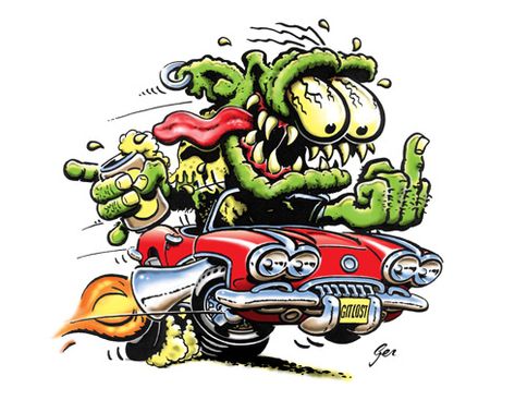 Hot Rod Monster Art | title: Monsters with Attitude - technique: Mixed - client: Maddmax Hot Rod Art, Ed Roth Art, Ed Roth, Kustom Kulture Art, Arte Zombie, Cartoon Car Drawing, Monster Cartoon, Monster Car, Arte Cholo