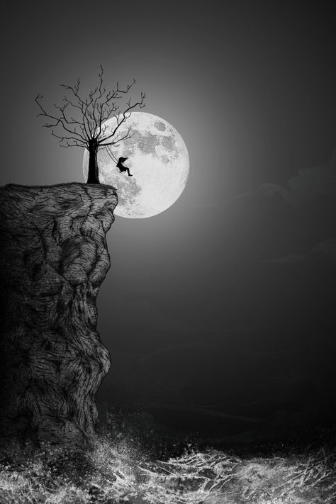 No fear by sebasebi on DeviantArt ~ Wow, 3 things I love in one pic: The Moon, The Sea & Silhouettes Pencil Art, Creepy Vintage, Moon Pictures, Seni Cat Air, Beautiful Moon, Alam Semula Jadi, Moon Art, Blue Moon, Dark Art