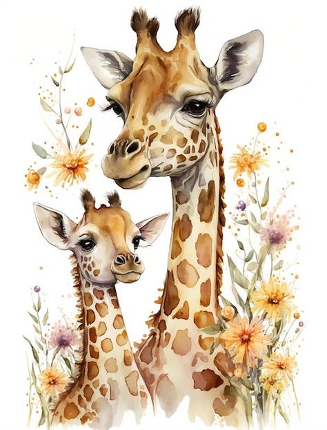 Painting Of Giraffe, Giraffe Digital Art, Paintings Of Giraffes, Cute Animals Watercolor, Cute Horses Drawing, Pictures Of Giraffes, Watercolor Animal Paintings, Images To Draw, Giraffe With Flowers