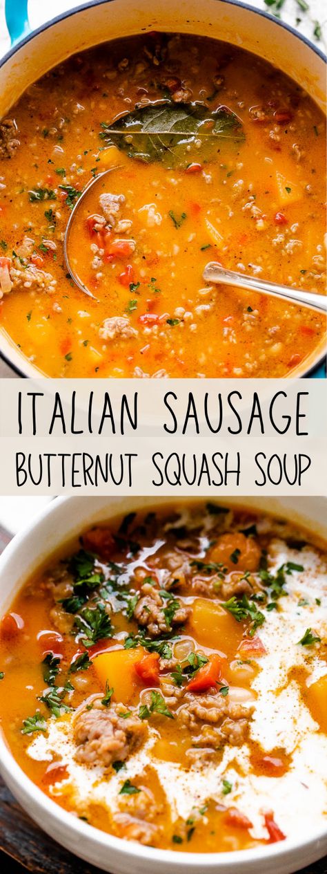 A full-flavored, richly textured meal, this Italian Sausage Butternut Squash Soup has it all: spicy and bold Italian sausage, tender white beans, tangy diced tomatoes, and a base of pureed butternut squash. So, SO good! #italiansausage #sausage #butternutsquash #souprecipes Butternut Squash And Italian Sausage Recipes, Italian Sausage Squash Soup, Butternut And Sausage Soup, Soup With Squash In It, Butternut Squash White Bean Chili, Soups With Chicken Sausage, Italian Sausage And Butternut Squash Soup, Italian Butternut Squash Soup, Italian Sausage And Squash Recipes