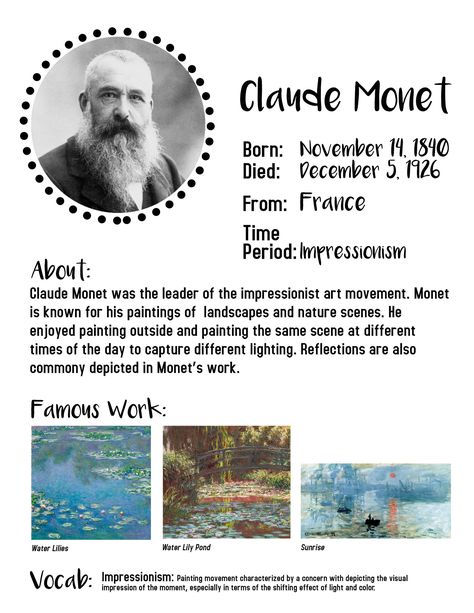 At Home Art Lessons for Kids  |  Claude Monet Art Projects Monet Art Projects, Art History Lessons, Istoria Artei, Frida Art, Claude Monet Art, Monet Art, Art Theory, Arte Van Gogh, Art Worksheets