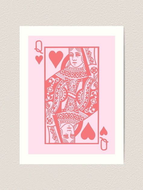 "Queen Of Hearts Card (Pastel Pink+Coral Red)" Art Print by acatalepsys | Redbubble Pink Statement Art, Pink Queen Of Hearts Card, Poster Prints Aesthetic Pink And White, Queen Of Hearts Card Design, Queen Of Hearts Card Art, Queen Card Painting, Red Bubble Posters, Pink Red Illustration, Queen Of Hearts Print