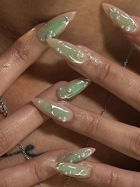 sage green aura nails with 3D chrome design Light Sage Green Nails Acrylic, Green Unique Nails, Cool Green Nail Designs, Green Silver Chrome Nails, Green Dainty Nails, Birthday Green Nails, Green Sage Nails Acrylic, White And Green Aura Nails, Pink Green Aura Nails