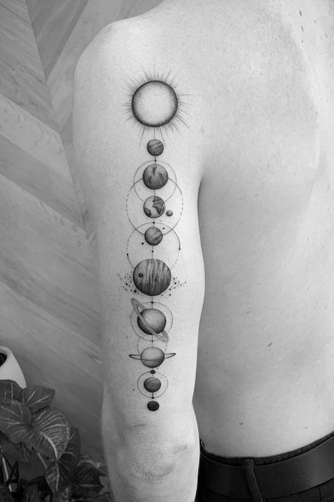 Solar System Tattoos For Guys, Geometric Solar System Tattoo Design, Planets Shoulder Tattoo, Geometric Planets Tattoo, Planet Half Sleeve Tattoo, Spine Tattoos Solar System, Tattoo Ideas Planets Solar System, Solar System Wrist Tattoo, Back Tattoo Women Solar System