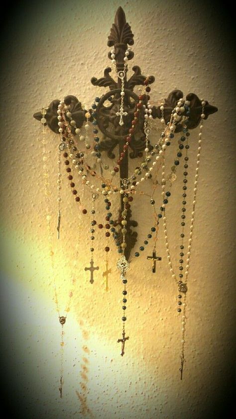 Rosary Display More Rosary Collection Display, Rosary Display, Rosary Ideas, Catholic Decor, Prayer Corner, Cross Necklaces, Art Sacre, Holy Rosary, Home Altar