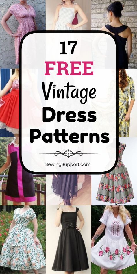 Sew a vintage or retro dress with the help of this collection of free sewing patterns, projects, and tutorials for vintage dresses (for women), inspired by the fashions of the 1940s, 50s, and 60s. Winter Dress Pattern Sewing, Easy Dress Sewing Patterns For Beginners, Vintage Dress Patterns Free, Beginner Dress Pattern Free, Dress Sewing Patterns Free Easy, Free Dress Patterns For Women Easy, Apron Dress Pattern Free, Plus Size Dress Pattern, Dress Patterns For Women