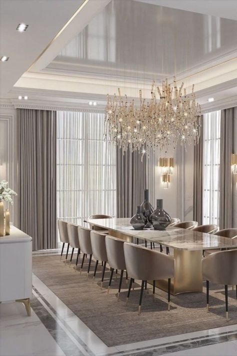 Dining Room 12 Seat, Aesthetic Modern Dining Room, Luxurious Dinner Table, Big Dining Room Ideas Modern, Big House Dining Room, Luxury Formal Dining Room, 20 Seater Dining Table, Dining Room Penthouse, 16 Person Dining Room Table