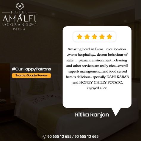 Thank you Ritika Ranjan for choosing Hotel Amalfi Grand for your stay. Your appreciation is our reward and we look forward to always serve you with our top-notch hospitality.  #HotelAmalfiGrand #OueHappyPatron #Review #TripAdvisor #Feedback #Hotel #LuxuryHotel #4starHotel #Best4StarHotel #Patna #Bihar Amalfi, Patna Bihar, Google Reviews, Best Hotels, Luxury Hotel, Trip Advisor, Really Cool Stuff, Cards Against Humanity, Thank You