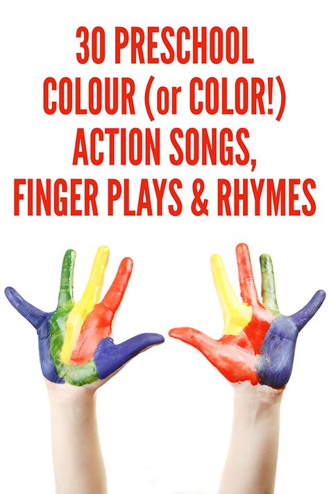 30 fun color rhymes, finger plays and action songs. Includes all of the words and actions. Fun for toddlers, preschool and kindergarten. Color Songs For Toddlers, Color Songs Preschool, Preschool Color Theme, Preschool Fingerplays, Shape Songs, Colors For Toddlers, Kindergarten Songs, Classroom Songs, Songs For Toddlers