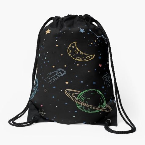 "Dark Outer Space" by Limited Wearables | Redbubble #cartoon #space #outer #outerspace #saturn #planet #saucer #ufo #galaxy #planet #comet #earth #moon #halfmoon #stars #shootingstar #clothing #fashion #bag #drawstring #drawstringbag Shooting Stars, Outer Space, Cartoon Space, Saturn Planet, Wearables Design, Drawstring Bag Designs, Classic Backpack, Black Artists, Clothing Fashion