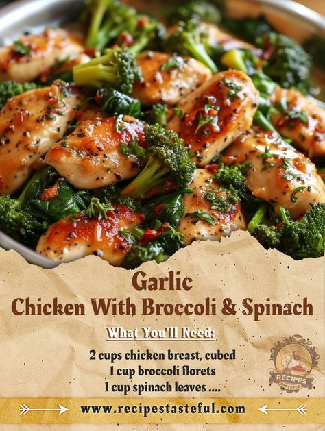 Garlic Chicken With Broccoli And Spinach, Garlic Chicken With Broccoli, Chinese Garlic Sauce, Tasteful Recipes, Cubed Chicken, Chicken With Broccoli, Healthy Low Carb Dinners, Weekly Meals, Kids Cooking