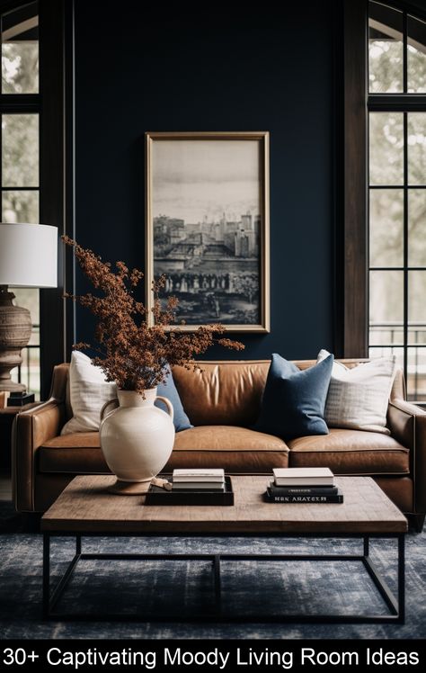 These moody living room ideas feature dark color schemes, ambient lighting, and luxurious textures to create a dramatic atmospheric space. #fireplace Moody Living Room Ideas, Dark Color Schemes, Dark Moody Living Room, Moody Interior Design, Dark And Moody Interiors, Moody Living Room, Cozy Furniture, Dark Living Rooms, Moody Interiors