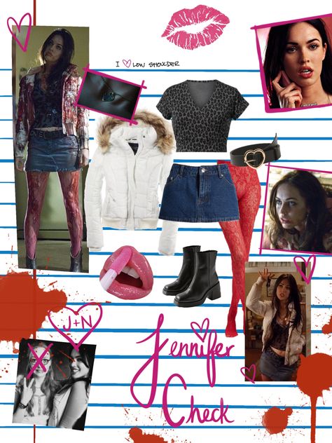 Jennifer’s Body Clothes, Jennifer From Jennifers Body Outfits, Megan Fox Halloween Costume Ideas, Jennifer Check Outfit Ideas, Jeniffers Body Outfits, Jennifer’s Body Couple Costume, Jennifer’s Body Inspired Outfits, Jenifer Check Halloween Costume, Jennifers Body Makeup Look