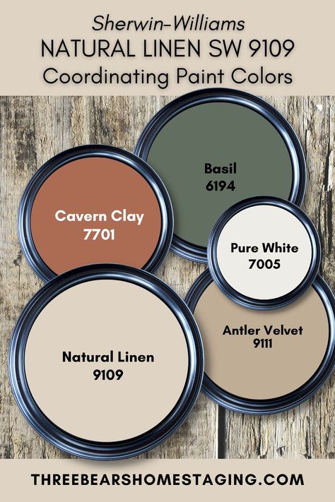 Paint Color Review: Sherwin-Williams Natural Linen 9109 | Three Bears Home Staging® Natural Blue Paint Colors, Green Black And Cedar Exterior, Patchwork, Color Schemes To Brighten Room, Timeless Home Color Palette, Light Bright Paint Colors, Farmhouse Paint Pallet, Sherwin Williams Stardew Color Palette, Color Inspiration Bedroom