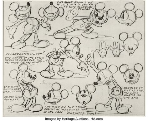 Mickey Mouse Studio Model Sheet (Walt Disney, 1937).... animation | Lot #14190 | Heritage Auctions Mickey Mouse Character Sheet, Croquis, Mickey Mouse Concept Art, Walt Disney Sketches, Mickey Mouse Expressions, Mickey Mouse Model Sheet, Mickey Mouse Reference, Mickey Mouse Character Design, Mickey Mouse Poses