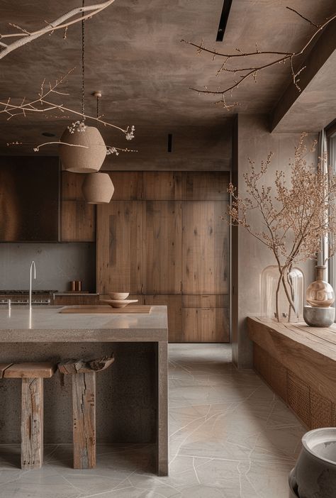 Wooden Beams In Kitchen, Japanese Cafe Interior Design, Sandstone Countertops, Moody Modern Kitchen, Natural Modern Kitchen, Modern Spanish Kitchen, Japandi Dining Room Design, Desert Kitchen, Japandi Kitchen Design