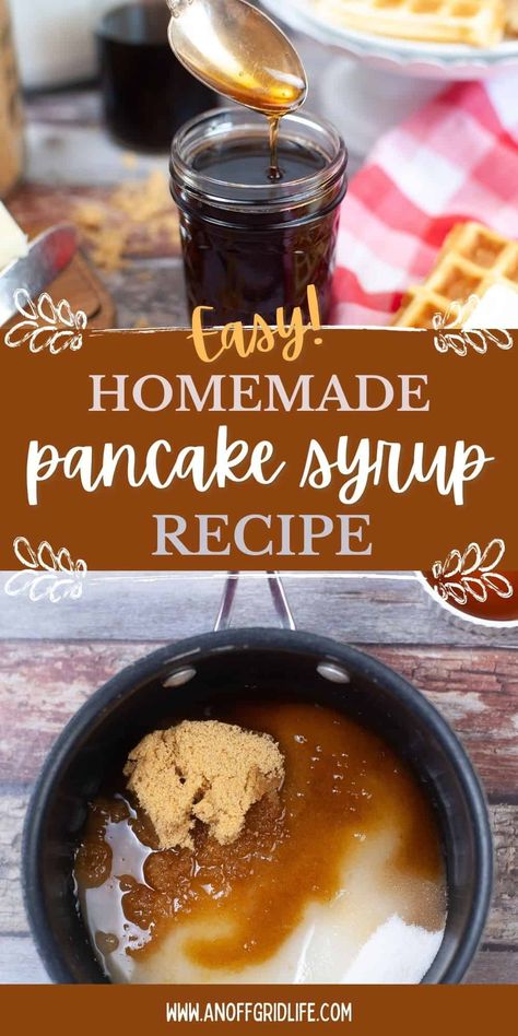 Easy homemade pancake syrup recipe text overlay on image of syrup in a jar with a spoon. Essen, Homemade Pancake Syrup, Pancake Syrup Recipe, Homemade Maple Syrup, Easy Homemade Pancakes, Homemade Pancake, Homemade Pantry, Simple Syrup Recipes, Pancake Syrup