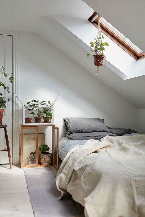 14 Attic Bedrooms Making Us Want to Move Upstairs Small Attic Bedroom, Plant Interior, Design Ložnic, Minimalist Dekor, Bilik Idaman, Attic Bedroom Designs, Attic Loft, Attic Design, Minimalist Bedroom Design