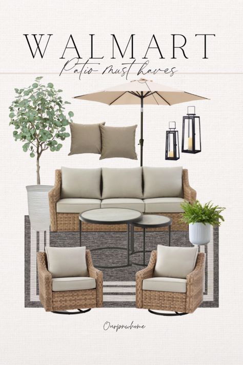 Taupe Outdoor Furniture, Outdoor Furniture For Small Deck, Outdoor Rug And Pillow Ideas, Table Umbrella Patio, Indoor/outdoor Furniture, Preppy Patio Outdoor Spaces, Patio Furniture Layout Small Space, Back Deck Patio Furniture Ideas, Most Durable Outdoor Furniture