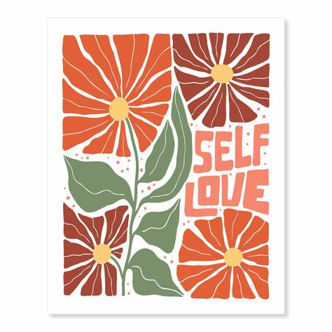 Printable wall art / typography poster / word art decor in vintage boho folk modern style promoting self-love with fun & funky lettering and macro wild flowers in fall colors on white background. Other color combos & sizes available in the shop or on request. Download includes 4 sizes (listed below). PLEASE NOTE: This is a DIGITAL sale listing. You will NOT receive a physical item! Instead, you get to make your own - or have someone make it for you locally. :) + Instantly downloadable zip file + Self Love v1 + Print locally & frame at home + 4 sizes: (4" x 5")  (8.5" x 11")  (11" x 14")  (16" x 20") + No shipping charges, no waiting for delivery Thanks and have a lovely day!