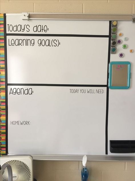 Agenda board- I like the “todays date” Classroom Information Center, Classroom Daily Agenda Board, Clever Classroom Door Ideas, Elementary Agenda Board, Standards Posted In Classroom, Middle Years Bulletin Boards, Vinyl In The Classroom, Agenda Bulletin Board, Junior High Classroom Door Ideas