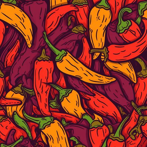 Spicy Artwork, Spicy Illustration, Food Colors Palette, Bleach Designs, Hot Peppers, Travel Drawing, Bold Color Palette, Shirts Designs, Food Poster